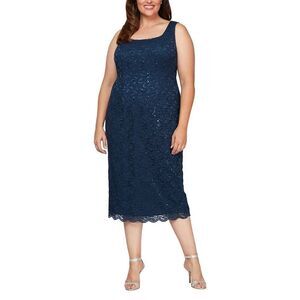 Alex Evenings Cocktail Dress Women's Plus 14P Petite Blue Lace Sleeveless Midi